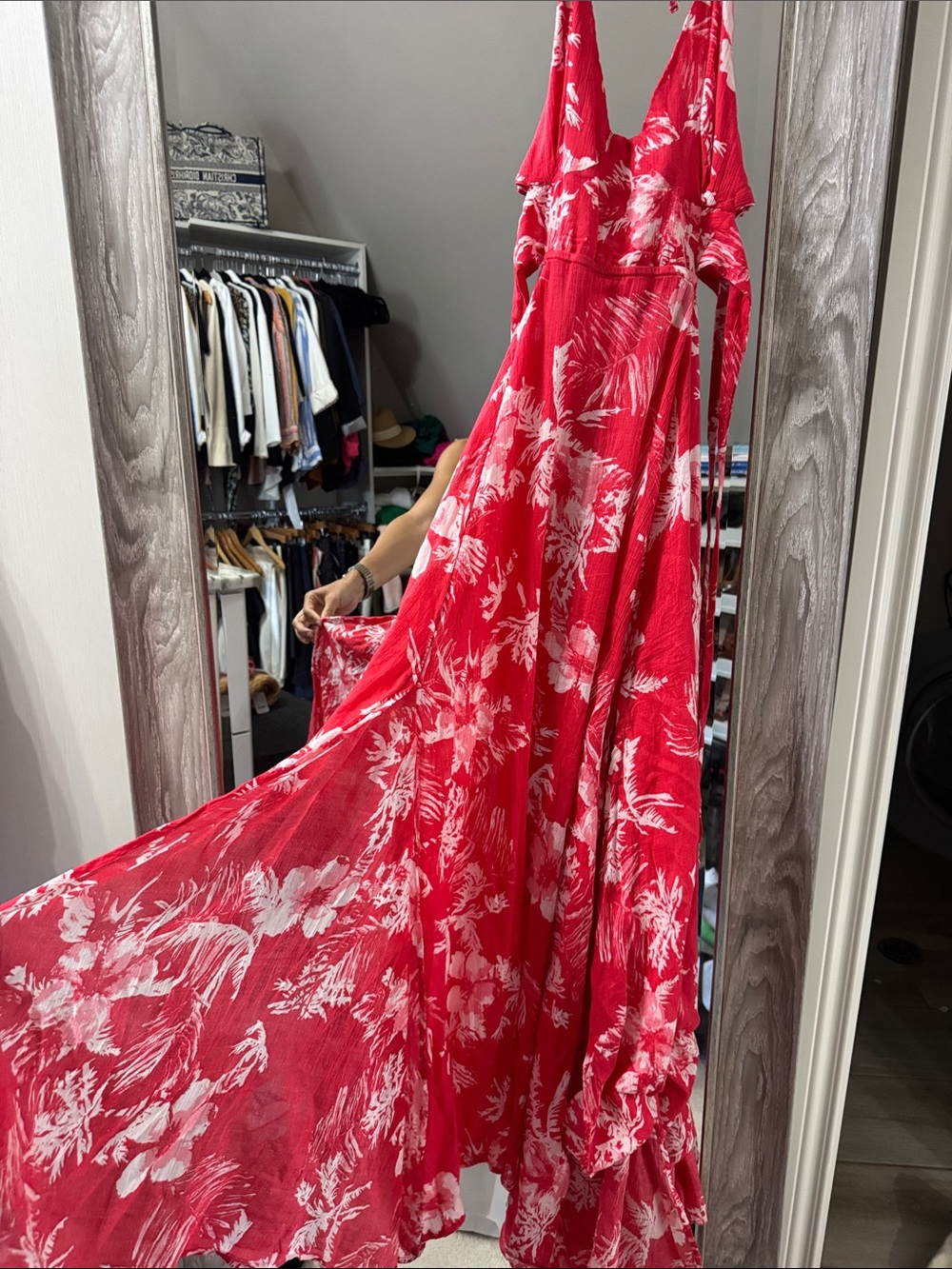 Free People Red Maxi Dress with White Floral Print